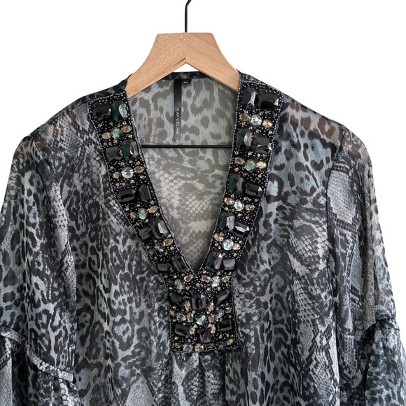 Embellished Animal Print Sheer Tunic Top Women’s Size XL Boho Peasant Dressy - Picture 2 of 16